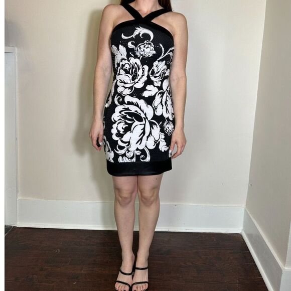 Cache Black White Dress with Sequins, Flowers, and Cross Front Detail Size 4 - Picture 1 of 7